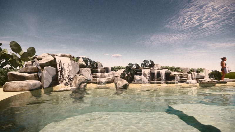 A mesma vista em imagem 3D realista, com a cascata e a praia de areia