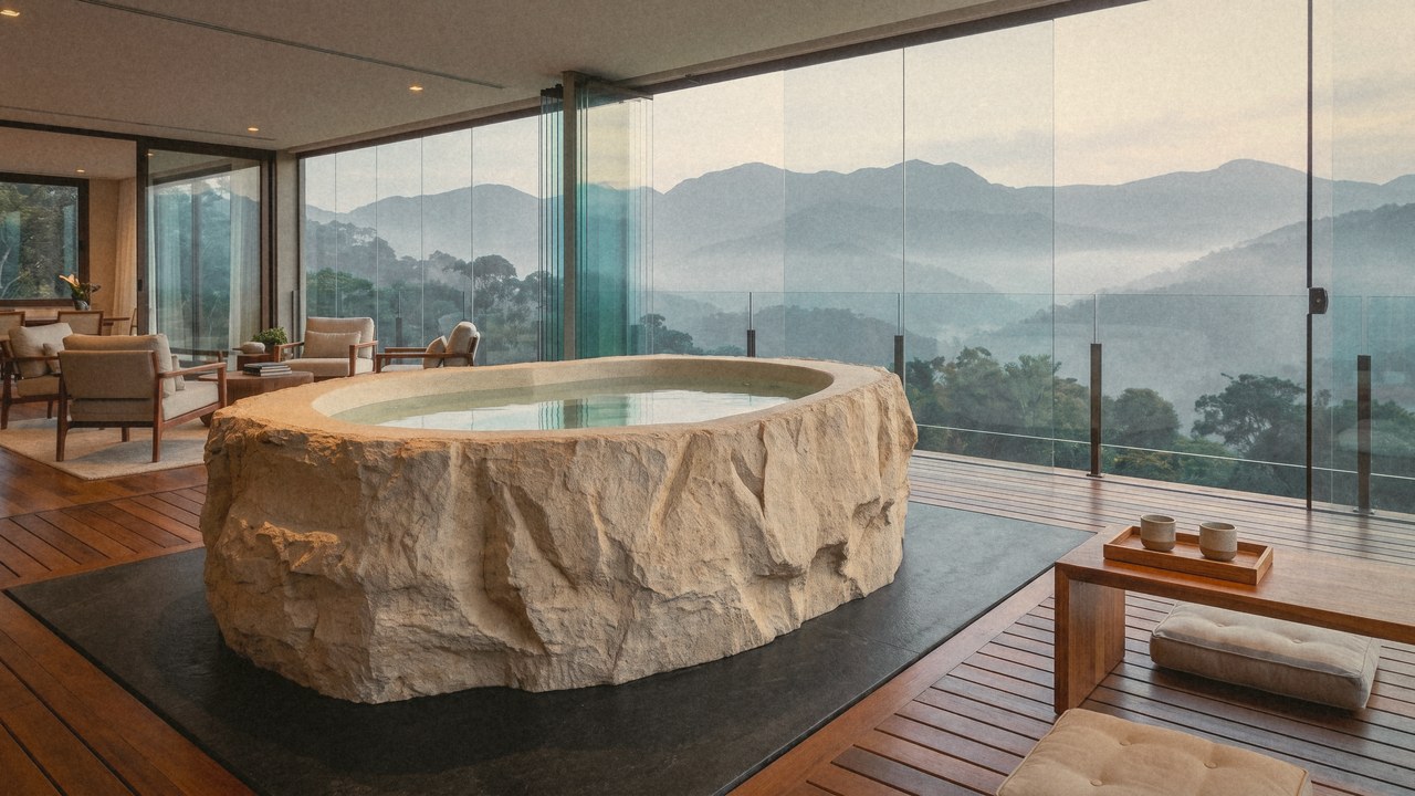 O UNA numa sala envidraçada, com a serra ao fundo